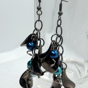 Dark Silver Petal Drop Dangle Earrings with Light Teal, Teal and Electric Blue Pearl Beads and Silver Twist Accents by Cumulus Luci