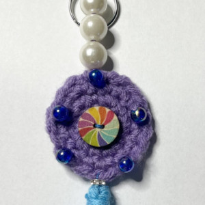 Handmade Keychain Purple Circle Wood Button Pearls Blue Iridescent Beads Tassel