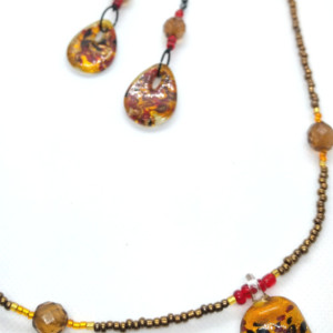 Orange Red and Black Glass Pendant Seed Bead Necklace and Glass Teardrop and Bead Drop Earring Set